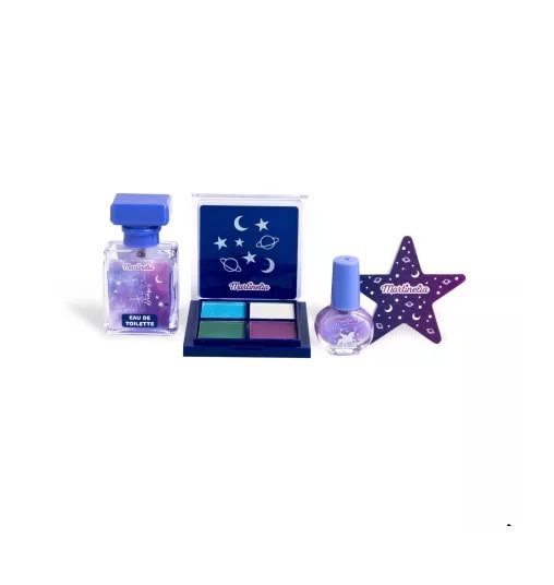 Set de machiaj și parfum Galaxy Dreams Martinelia, perfect pentru fetițe, cu nuanțe violete și desig.