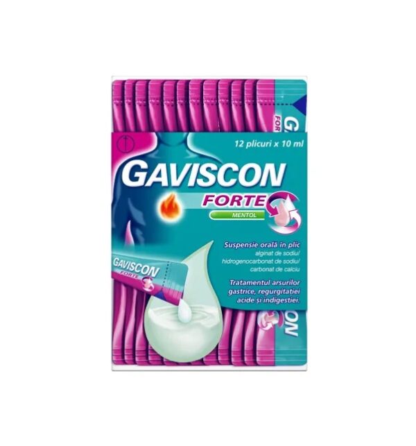 Cutie cu 12 plicuri Gaviscon Forte Mentol pentru reflux gastric.