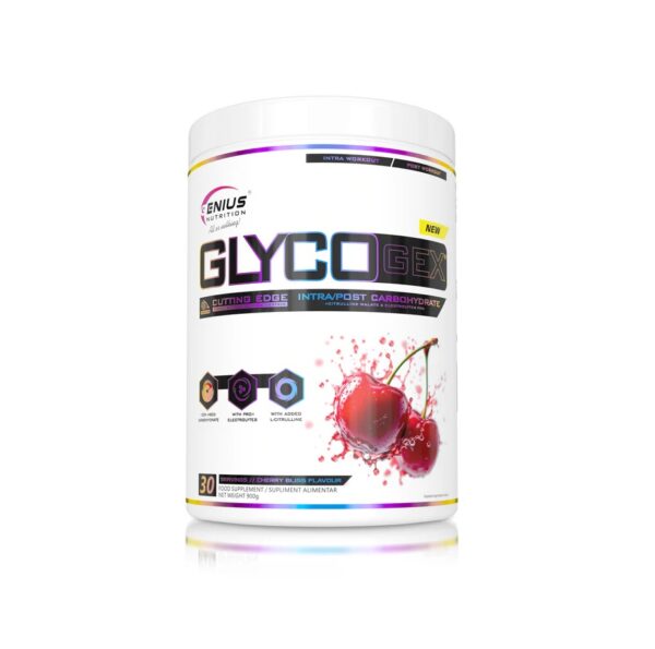 GlycoGex cu aromă de cireșe, 900g, Genius Nutrition pentru energie și gust delicios.