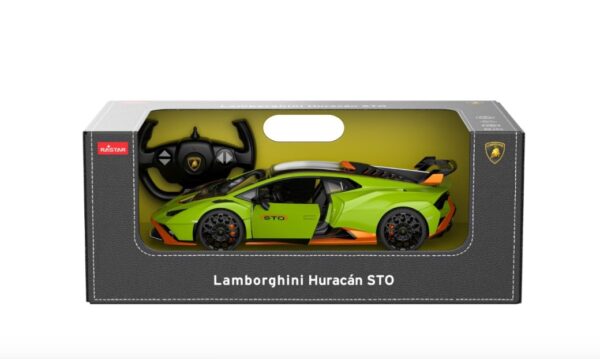 Mașină telecomandă Lamborghini Huracan STO, verde, scara 1:14, Rastar, pentru colecție și joacă.