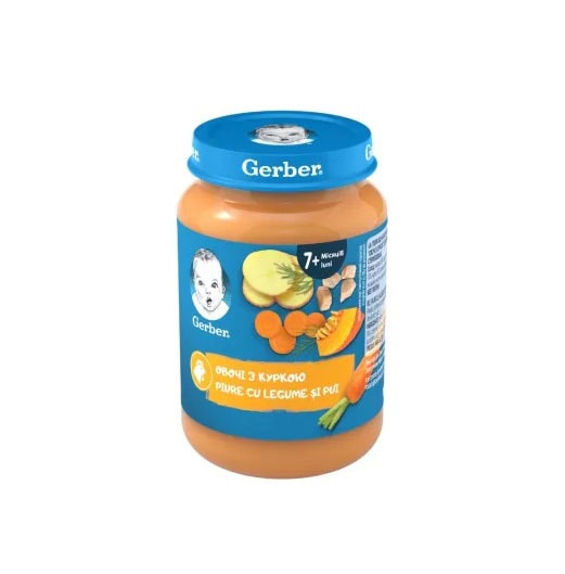 Piure bio pentru bebeluși cu cartofi dulci, pui și legume, ideal pentru copii peste 10 luni, 190 g,.