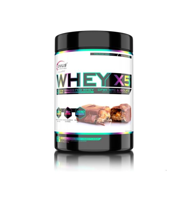 Pudra proteică Whey X5 cu aromă de Salted Caramel, 900g, Genius Nutrition, ideală pentru susținerea.