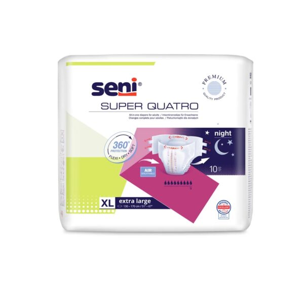 Scutece Seni Quatro XL, pentru bebeluși, cu sistem închis și protecție 360°, ideale pentru nopți lun.