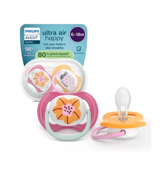Set 2 Suzete Ultra Air, Buburuza/Floare, 6-18 Luni, SCF080/27, Philips Avent
