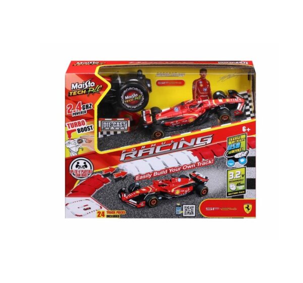 Pista construită pentru mașinuțe Ferrari, telecomandă și figurine, ideală pentru copii.