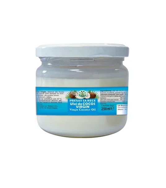 Ulei Virgin de Cocos Presat la Rece, 250 ml, Herbavit