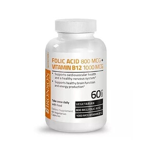 Folic Acid și Vitamina B12, 60 capsule Supliment Folic Acid 800 mcg și Vitamina B12 1000 mcg pentru sănătate cardiovasculară.