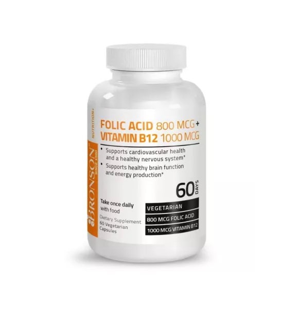 Supliment Folic Acid 800 mcg și Vitamina B12 1000 mcg pentru sănătate cardiovasculară.
