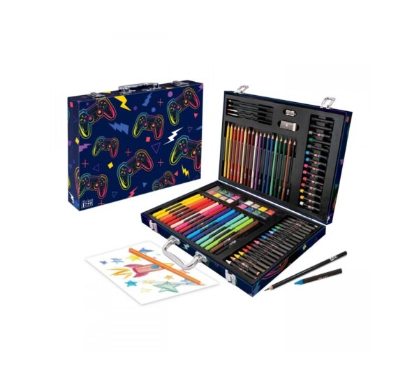 Set de desen cu 100 de accesorii, ideal pentru hobby-uri și jocuri video pentru copii.