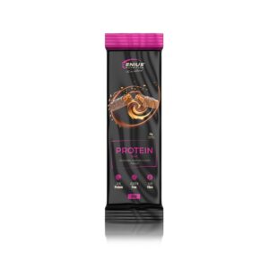 Baton proteic Genius Nutrition cu ciocolată și caramel, 50g, pentru susținerea masei musculare.