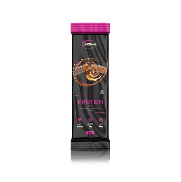 Baton proteic Genius Nutrition cu ciocolată și caramel, 50g, pentru susținerea masei musculare.