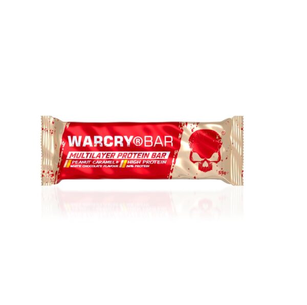 Baton proteic Warcry cu unt de arahide și caramel, ideal pentru gustări sănătoase și energizante.