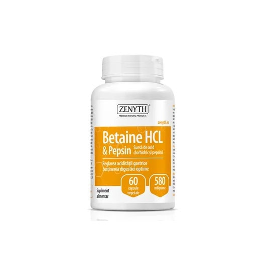 Betaina HCL și Pepsin pentru sănătatea digestivă, susține digestia și echilibrul acizilor gastrici.