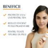 Tânără femeie cu ten clar, promovând suplimente pentru protecția pielii și reducerea pigmentă.