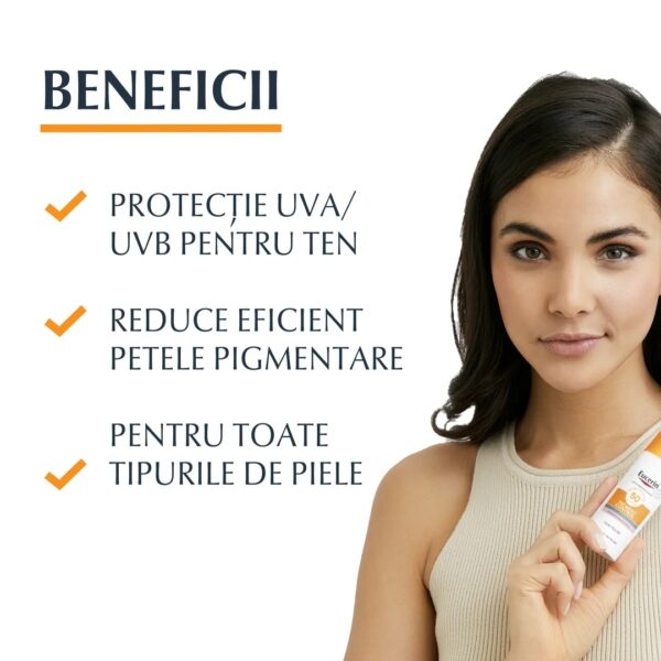 Tânără femeie cu ten clar, promovând suplimente pentru protecția pielii și reducerea pigmentă.