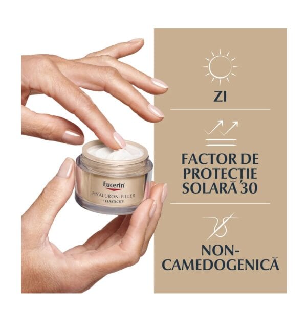 Protecție solară cu Eucerin, factor 30, non-camogenoasă, hidratare și elasticitate. Crema de Zi Anti-Age cu SPF30 Hyaluron Filler + Elasticity, 50ml, Eucerin