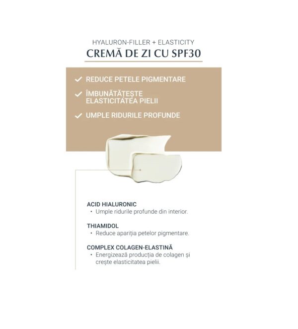 Crema de zi cu SPF30 pentru hidratare și elasticitate Crema de zi cu SPF30 pentru hidratare, reducerea ridurilor și elasticitate pielii.