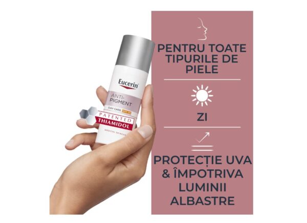 Eucerin Anti-Pigment, cremă cu SPF pentru protecție UV și împotriva luminii albastre.