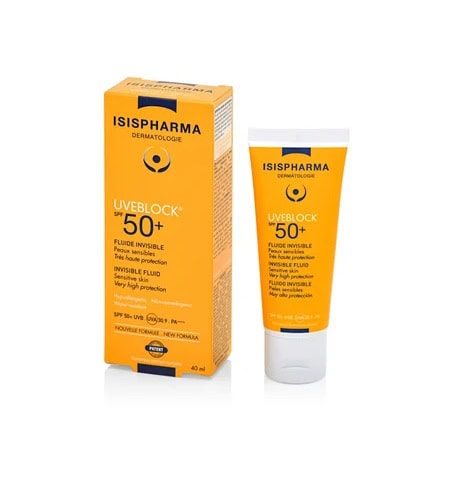 Produs de protecție solară SPF50+ pentru piele sensibilă, cu tehnologie Uveblock, de la Isis Pharma.