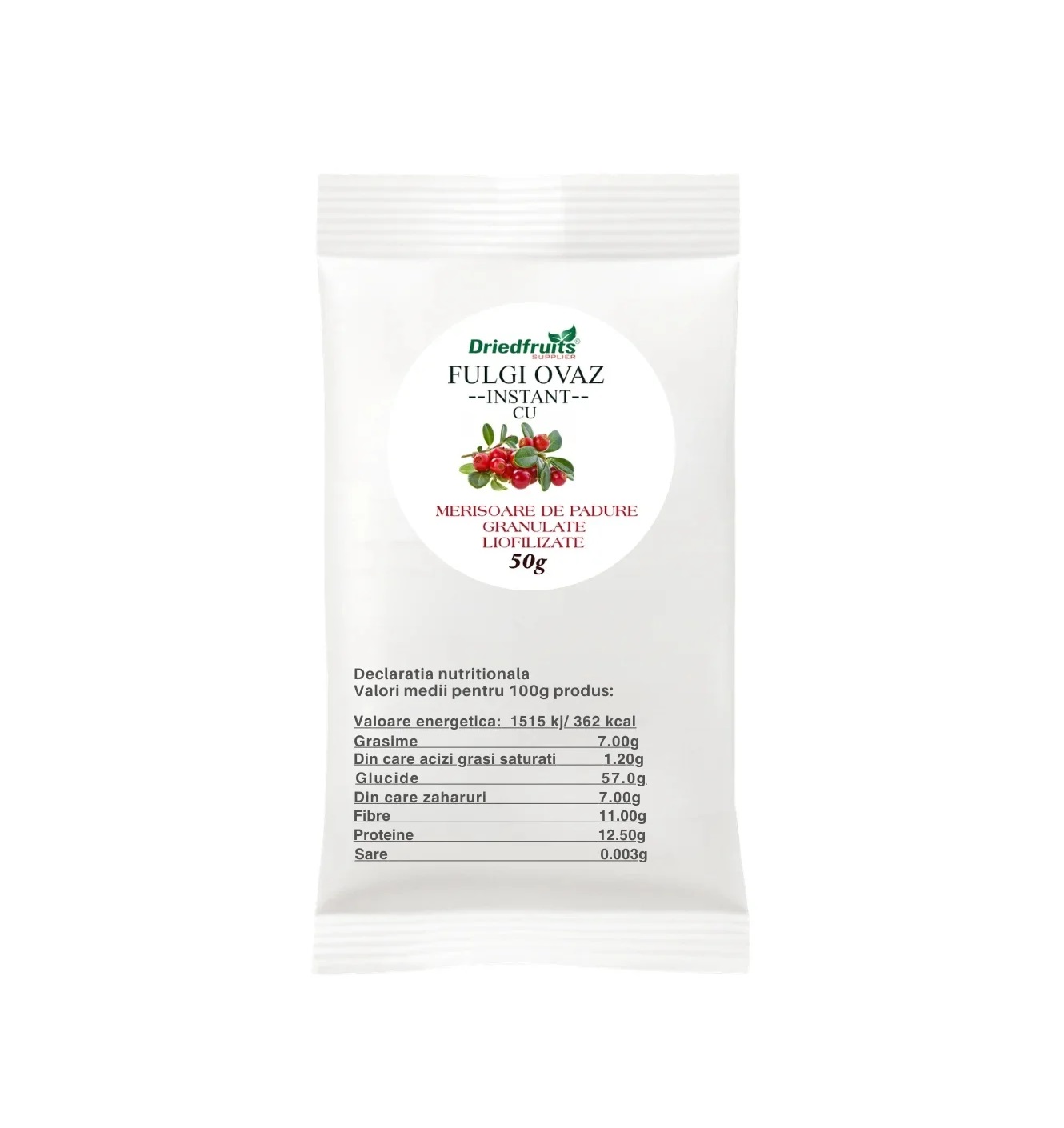 Fulgi de Ovaz Instant cu Merisoare de Padure Granulate Liofilizate, 50 g, DriedFruits