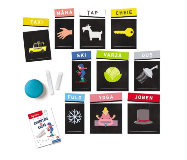 Joc educativ cu cuvintele și creta pentru copii, ideal pentru dezvoltarea vocabularului și creativit.