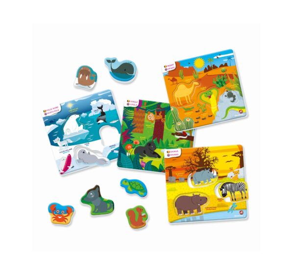 Joc educativ cu animale din habitat natural, perfect pentru copii de 3 ani+ și pasionați de animale.
