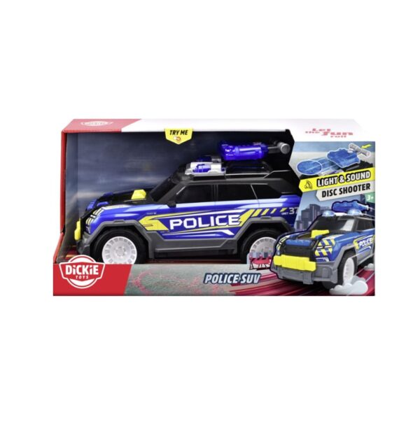 Mașinuță de poliție SUV cu lumini și sunete, pentru copii peste 3 ani, model Dickie, jucărie interac.