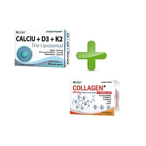 Imagine cu suplimente pentru sănătatea oaselor și pielii, Calciu + D3 + K2 și Collagen+ de la Farmac.