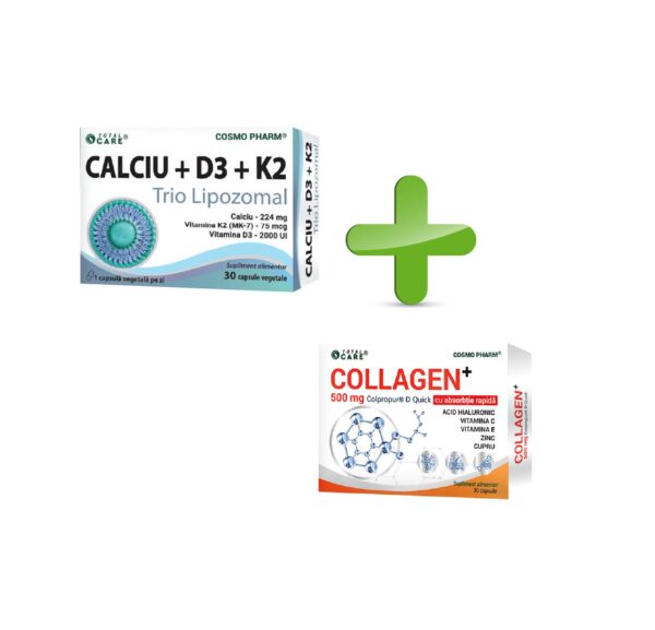 Imagine cu suplimente pentru sănătatea oaselor și pielii, Calciu + D3 + K2 și Collagen+ de la Farmac.