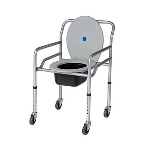 Scaun de toaleta HC401 cu roți, pliabil, din metal, ideal pentru nevoi medicale.
