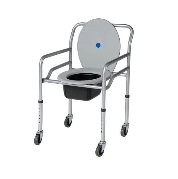 Scaun de toaleta HC401 cu roți, pliabil, din metal, ideal pentru nevoi medicale.