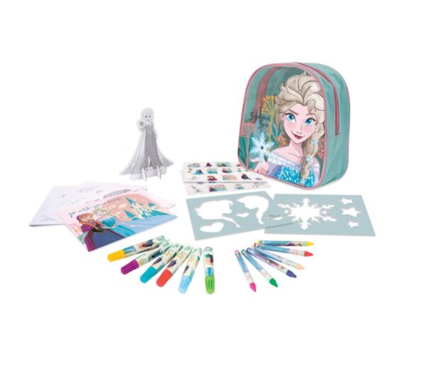 Set pentru desen în rucsac, Disney Frozen, AS Set desen Frozen în rucsac pentru copii, include markere, șabloane și carte de colorat.