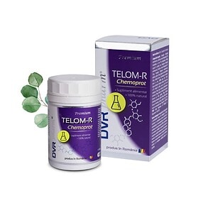 Supliment natural Telom-R Chemoprote pentru sănătate, în cutie și flacon alb-violet.