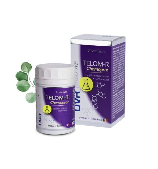 Supliment natural Telom-R Chemoprote pentru sănătate, în cutie și flacon alb-violet.