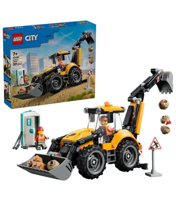 Mașină de construcții LEGO City, set de joacă pentru copii Jucărie LEGO City pentru construcții, mașină de teren galben și negru cu accesorii și semne de sigur.