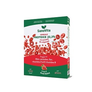 Proteine SanoVita pentru sănătate și energie Produs SanoVita cereale proteice cu aromă de capsuni, bogat în fibre, proteine, fier, vitamine D și.