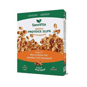 SanoVita Cereale cu proteine și scorțișoară Cutie de cereale SanoVita cu proteine 22%, scorțișoară, fibre, gluten, pentru un mic dejun sănă.