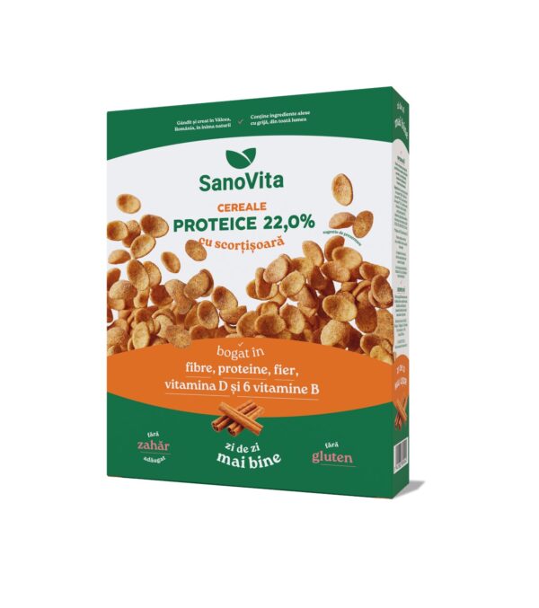 SanoVita Cereale cu proteine și scorțișoară Cutie de cereale SanoVita cu proteine 22%, scorțișoară, fibre, gluten, pentru un mic dejun sănă.