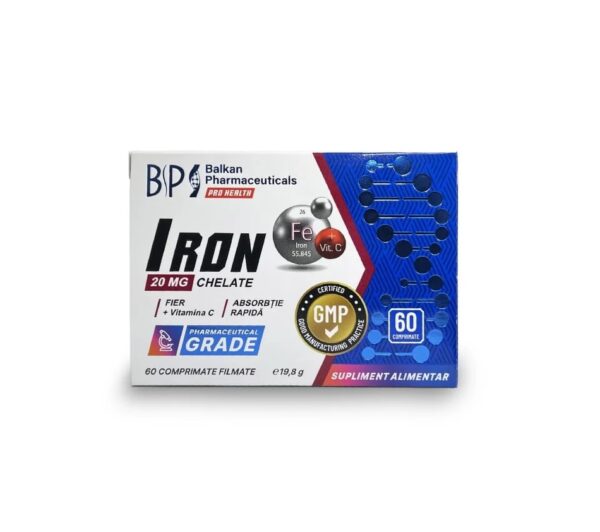 Supliment alimentar Iron Chelate 20 mg pentru energie și sănătate optimă.