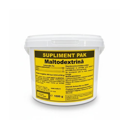 Recipient cu Maltodextrină, supliment pentru energie și recuperare musculară.