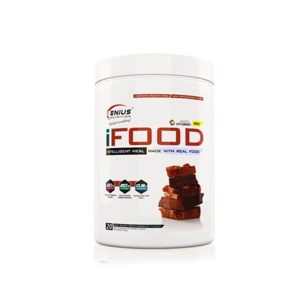Supliment alimentar cu ciocolată Genius Nutrition iFood, pentru energie și sănătate.