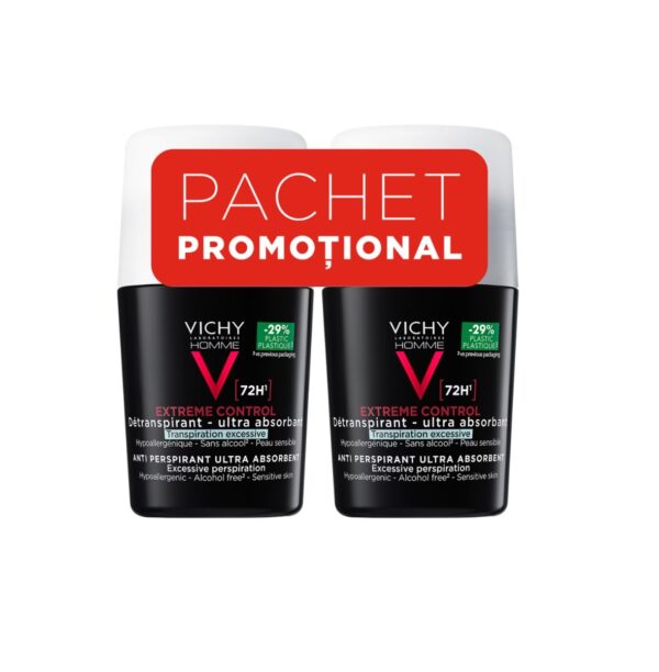 Pachet promoțional deodorant Vichy Homme Deodorant Vichy Homme, control extrem, anti-transpirație, ultra absorbant, pentru bărbați.