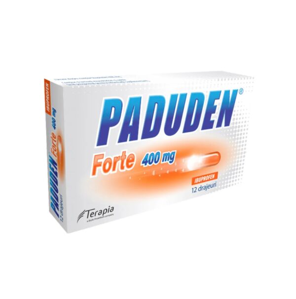 Paduden Forte 400 mg - Medicament pentru dureri Cutie cu medicament Paduden Forte 400 mg, utilizat pentru ameliorarea durerilor și inflamațiilor.
