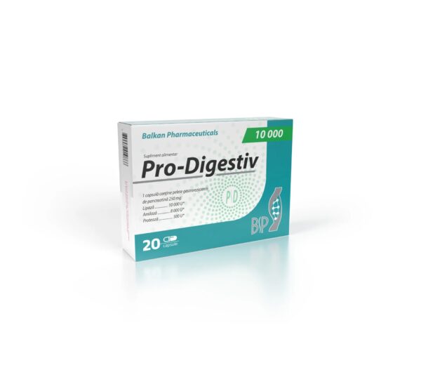 Cutie cu 20 capsule Pro-Digestiv pentru sănătatea digestivă, de la Balkan Pharmaceuticals.