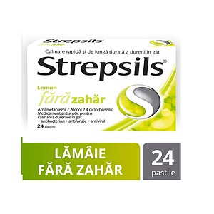 Lapte pentru gât fără zahăr, Strepsils Lemon, 24 pastile Pastile Strepsils Lemon pentru gât fără zahăr, calmare rapidă, 24 pastile.