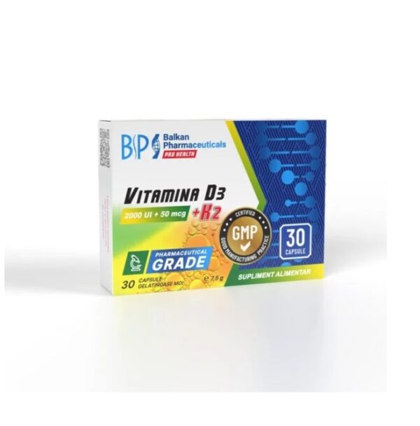 Supliment cu Vitamina D3 și K2, 30 capsule, pentru întărirea oaselor și sistemului imunitar.