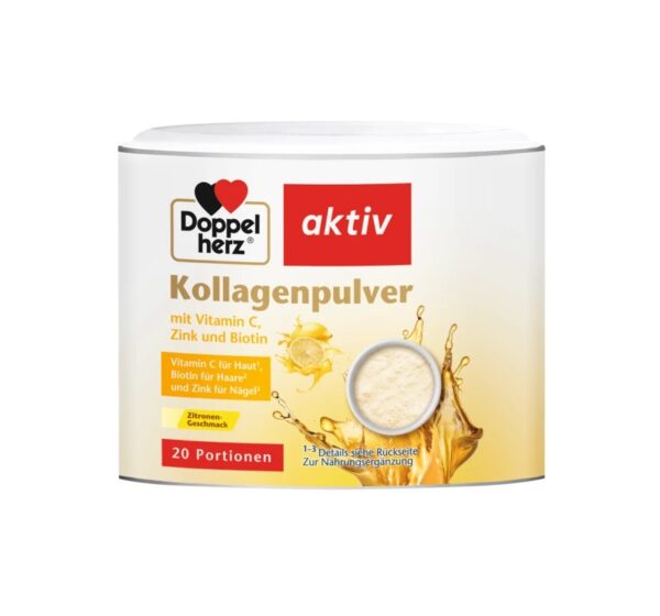 Pulbere de colagen cu vitamine și zinc Cutie cu pulbere de colagen cu vitamine C, zinc și biotină.
