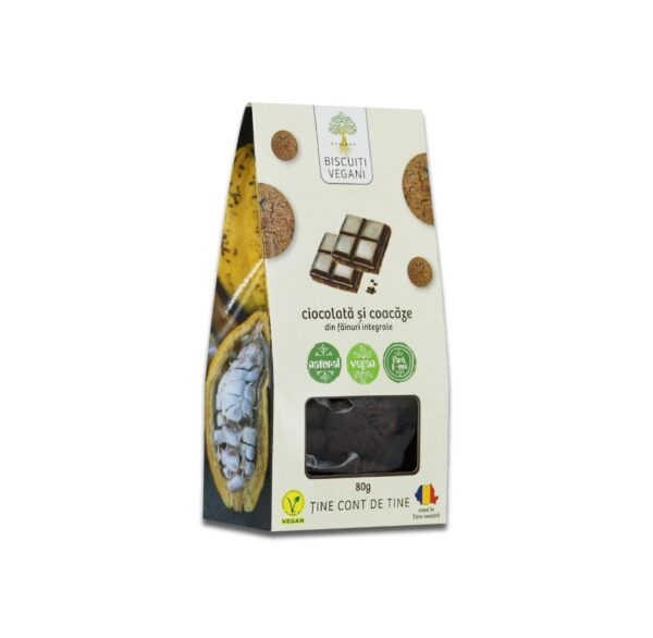 Pachet de biscuiți vegani cu ciocolată și susan, ambalat elegant.