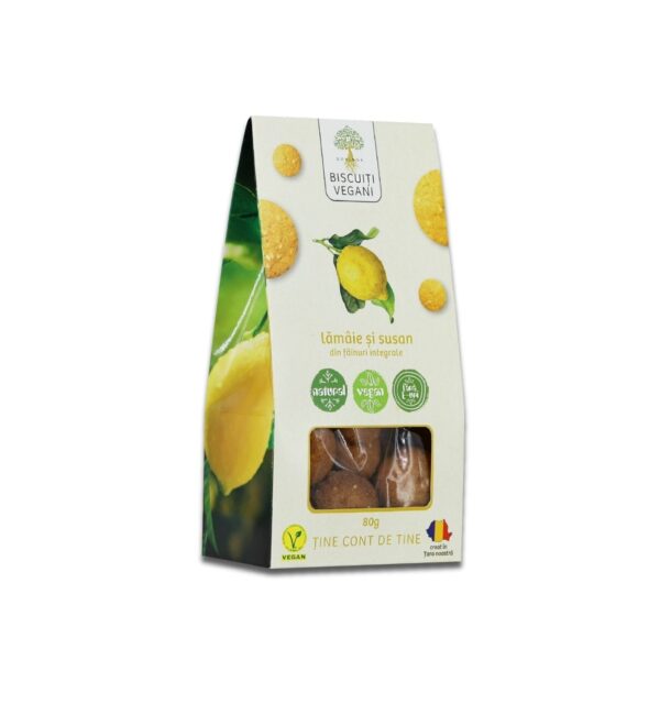 Biscuiți vegani cu lămâie și susan, ambalaj de 80g, Farmacia Morpheus.