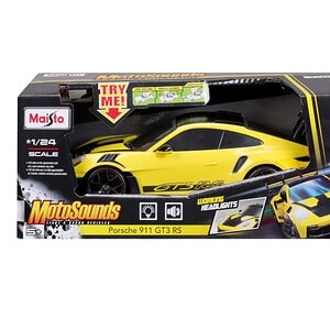 Maisto mașină Porsche 911 GT3 RS galbenă, model redus, în cutie.